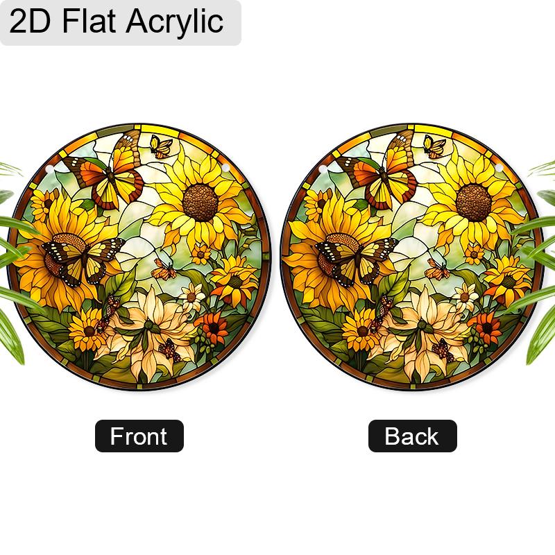 Acrylic Sunflower and Butterflies Suncatcher, Stained Glass Style Window Hanging Ornament for Nature and Garden Lovers