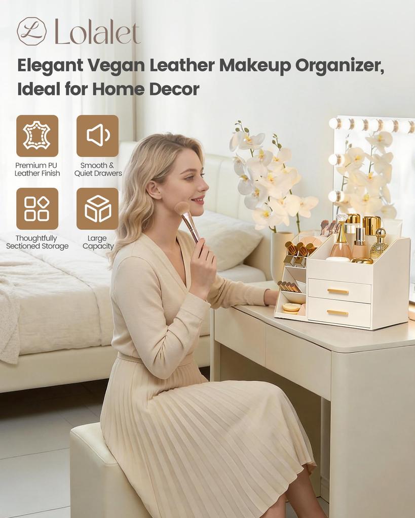 Lolalet Makeup Organizer with PU Spacious Skincare Storage Display Case for and Beauty for Vanity and Easy To Clean Cream Drawer, Leather, Holder,