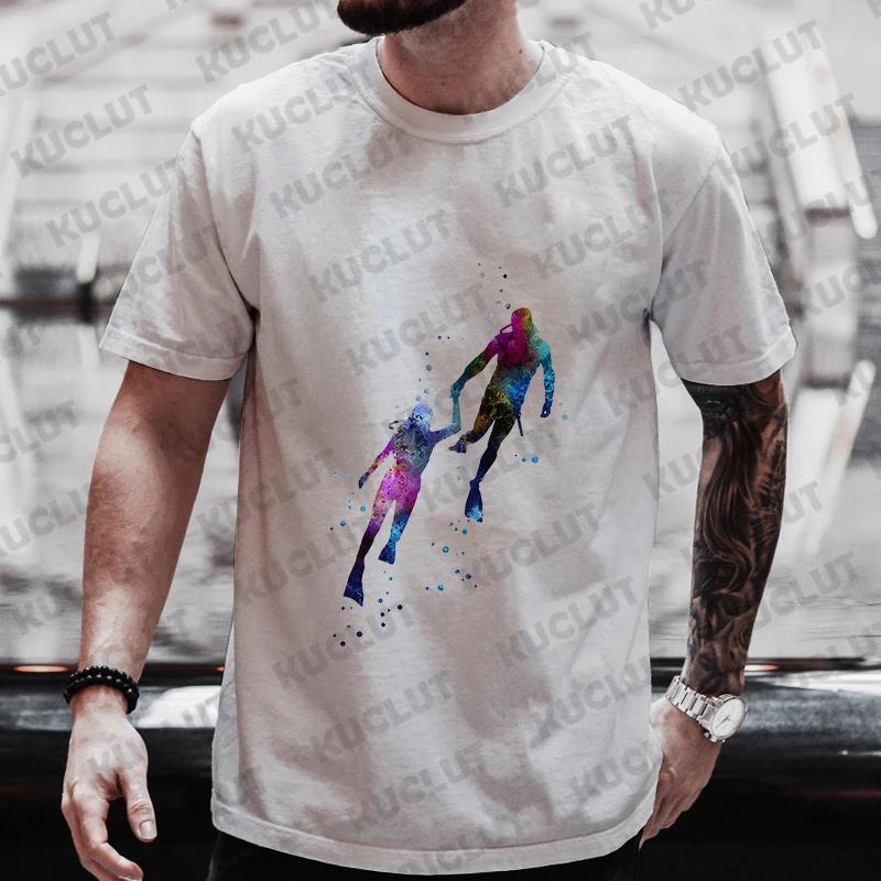 

Летняя уличная одежда Аквалангист Акварель Принт для дайвинга Мужские брендовые футболки Дизайн аквалангиста Топы Дышащие Мужские Женские Футболки 4XL