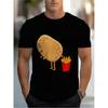 Men'S Funny Potato & Fries Graphic T-Shirt - Humorous Cartoon Potato & French Fries Print, Black with Red Dots Design, Round Neck Short Sleeve Casual