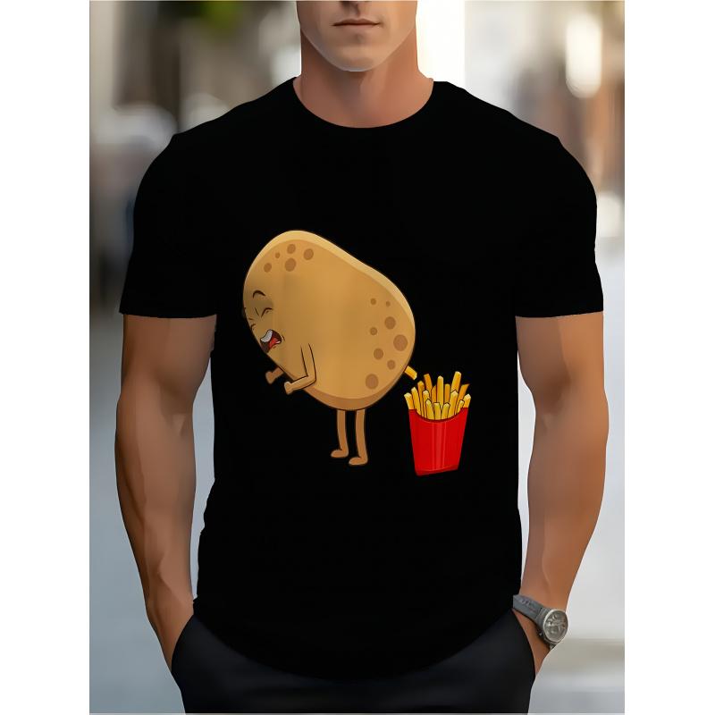 Men'S Funny Potato & Fries Graphic T-Shirt - Humorous Cartoon Potato & French Fries Print, Black with Red Dots Design, Round Neck Short Sleeve Casual