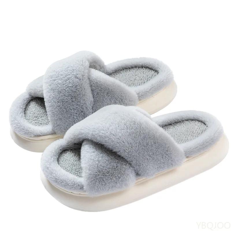 Fashion Popular Winter Plush Cross Strap Women's Cotton Slippers for Indoor Warmth Thick Bottom Anti Slip for Women's Cotton Slippers