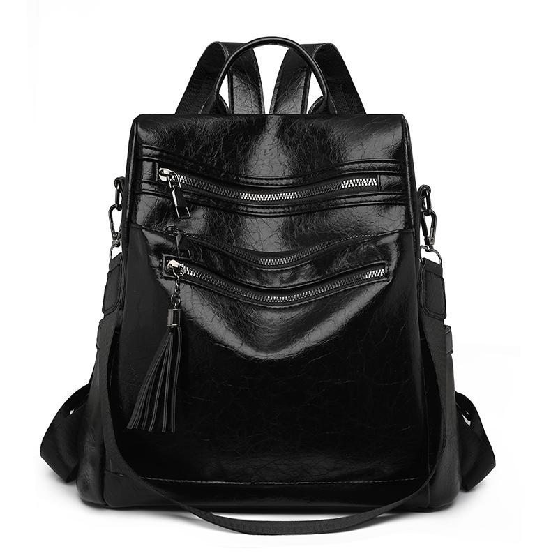 Women's Soft Leather Backpack Color Block Student Schoolbag Tassel Travel Bag