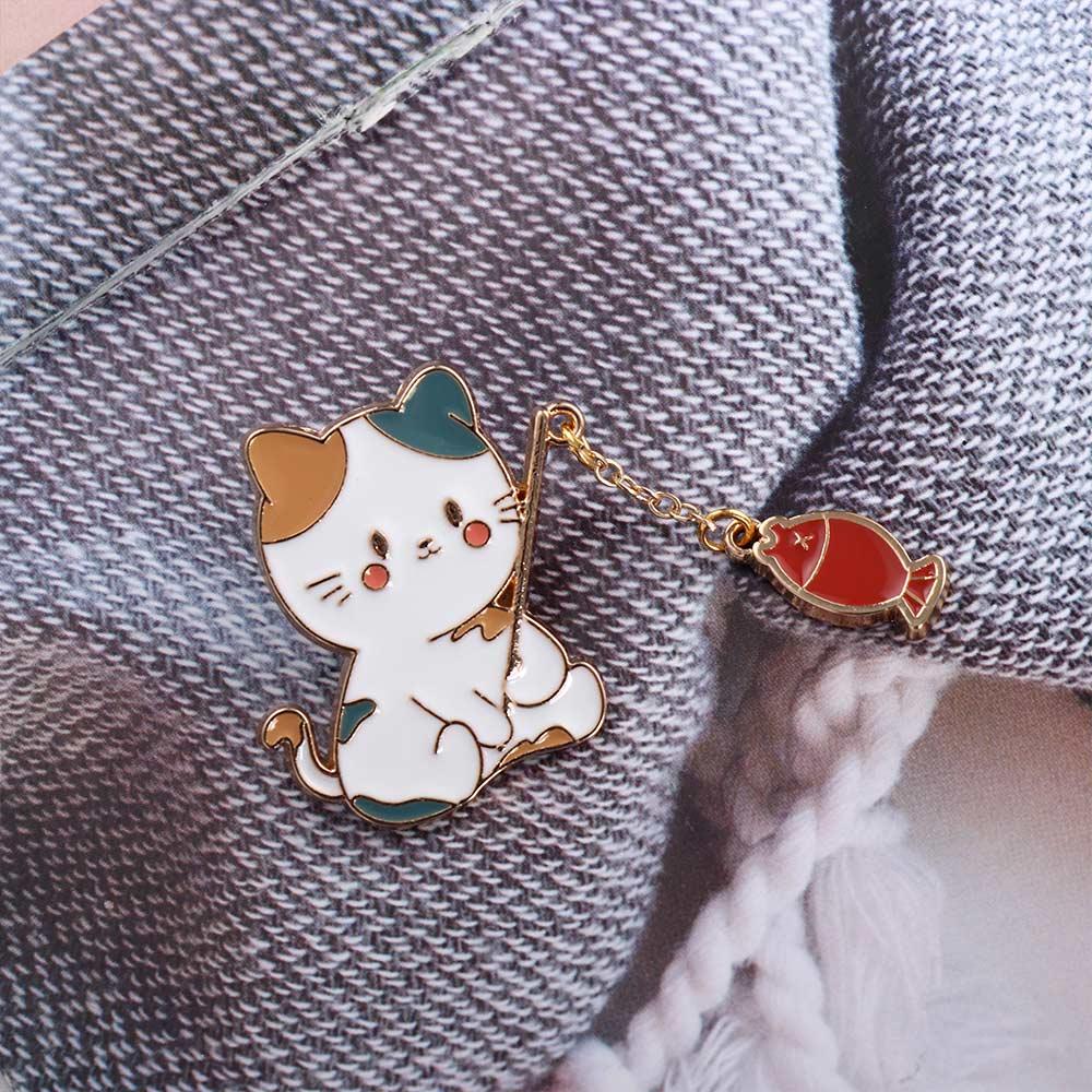 School Bag Gift For Women Men Funny Cats Enamel Brooch Cat Brooch Cat Fishing Brooch Badge Pin