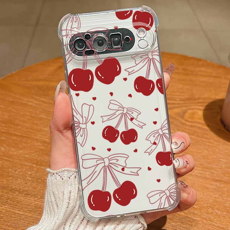 Bowknots Cherry Pattern Case For Google Pixel 9 Pro XL 9A Shockproof TPU Silicone Clear Soft Cover