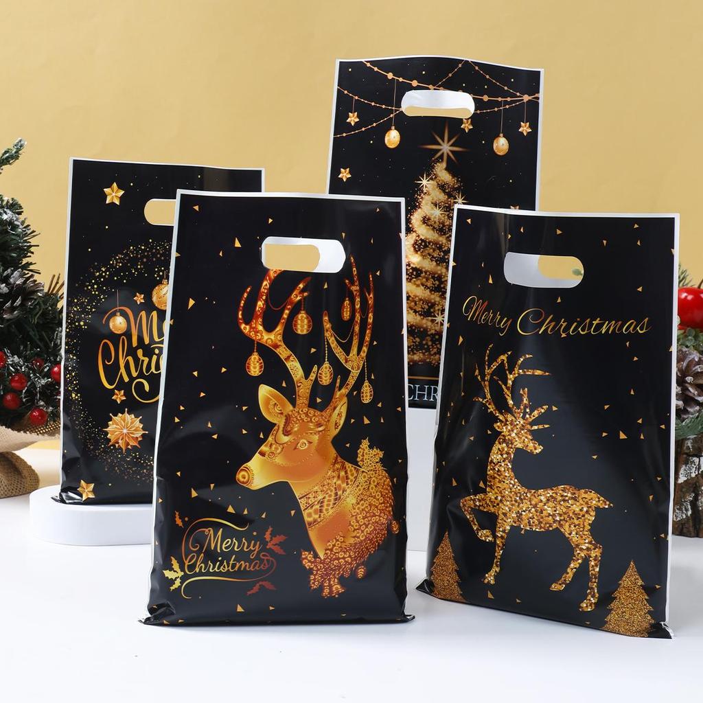 10PCS Mixed Golden Elk Christmas Series Party Gift Tote Bag OPP Glitter Gift Bag Candy Bag Plastic Gift Return Bag