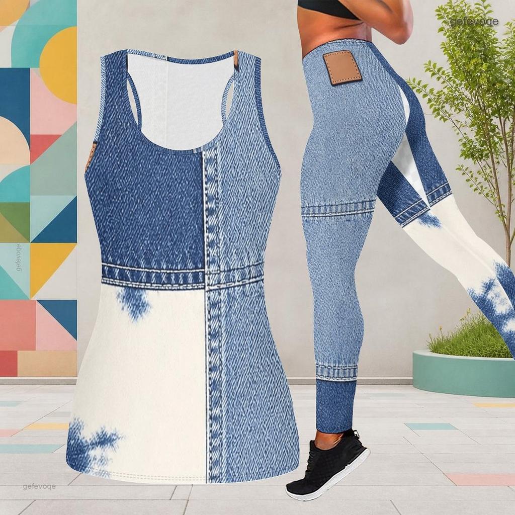 Women Plus Size Printed Scoop Neck Sleeveless Tank Top And Fitted Long Pants Two Piece Set