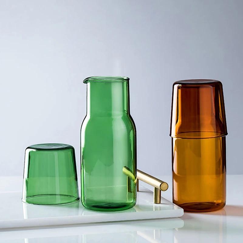 Glass Water Bottle with Glass Cup Bedside Carafe Night Water Carafe with Tumbler Glasses Flask Drinkware Pot for Milk Tea