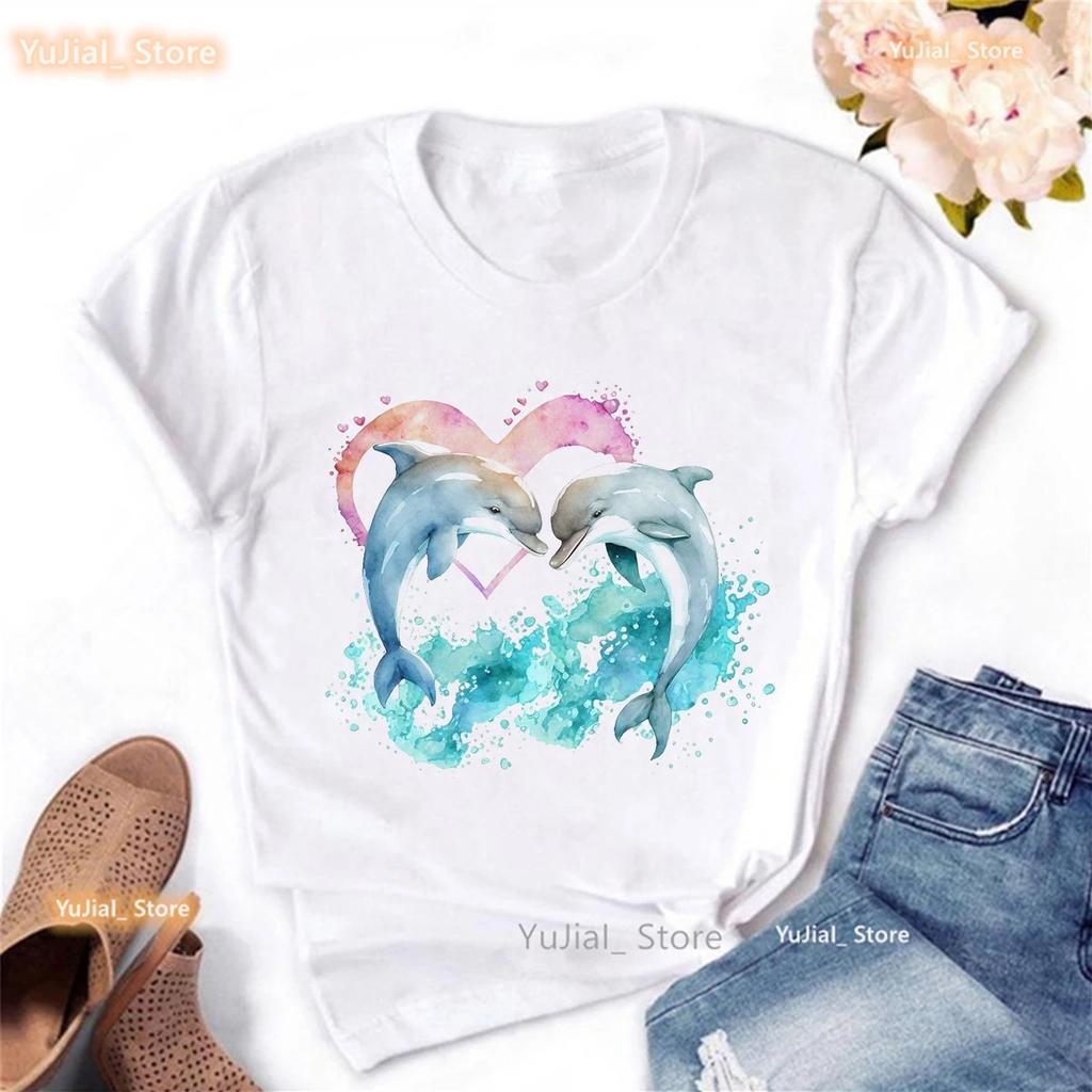 Funny Dolphin Print Tshirt Unisexs Clothing Harajuku Kawaii Clothes Whale Flowers Summer Tops Fashion T Shirt Femme