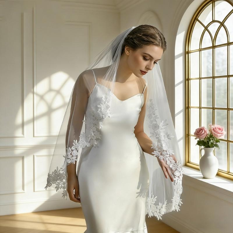 Romance Bridal Veils with Lace Flower Trim and Metal Hair Comb for Wedding Ceremony and Special Event Bride Headpiece
