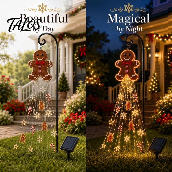 Outdoor Gingerbread Man Lights Solar Garden Light, Waterproof Yard Light with Warm Christmas Stakes Waterfall LED, Pathway Stake Lamp for Lawn