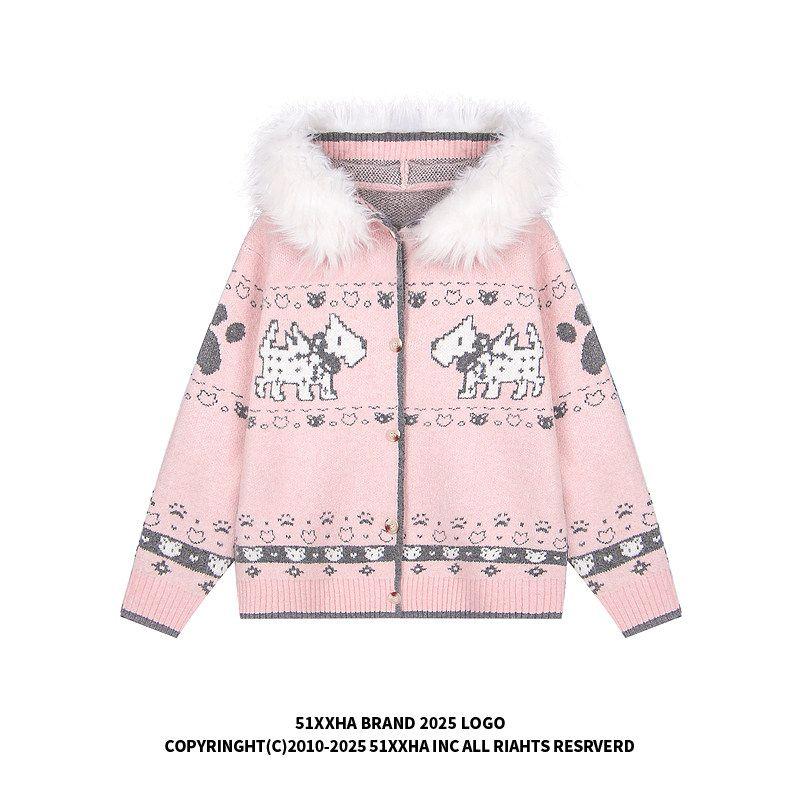 51 Hip-Hop American Retro Fur Collar Jacquard Hooded Knit Cardigan Jacket for Men, Winter Fair Isle Puppy Sweater for Women