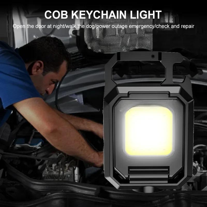 Small LED Flashlight Keychain Light USB Rechargeable Torch Work Light Multifunctional Portable COB 90 ° Rotation Camping Lantern