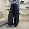 Charcoal Gray European-Style Autumn Wool-Blend Curved Wide-Leg Pants: Tapered, Fleece-Lined, Drawstring, Elastic Waistband, High Waist, Slimming.