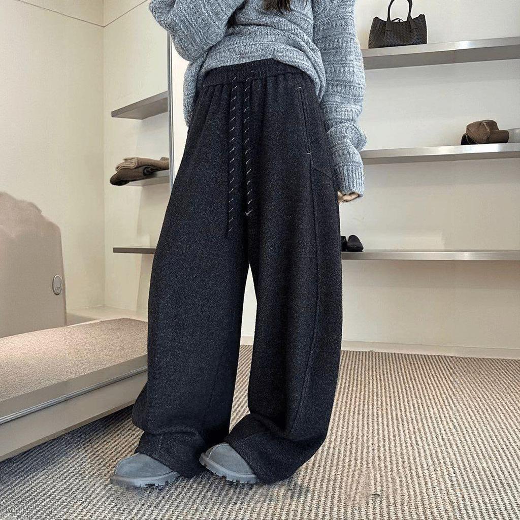 Charcoal Gray European-Style Autumn Wool-Blend Curved Wide-Leg Pants: Tapered, Fleece-Lined, Drawstring, Elastic Waistband, High Waist, Slimming.