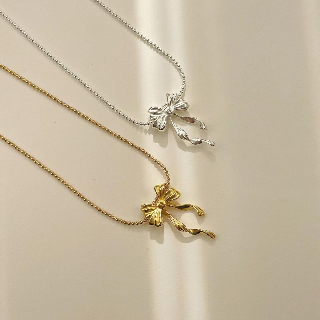 Korean Version S925 Silver Geometric Smart Ribbon Double-layer Bow Necklace Minimalist Round Bead Collarbone Chain