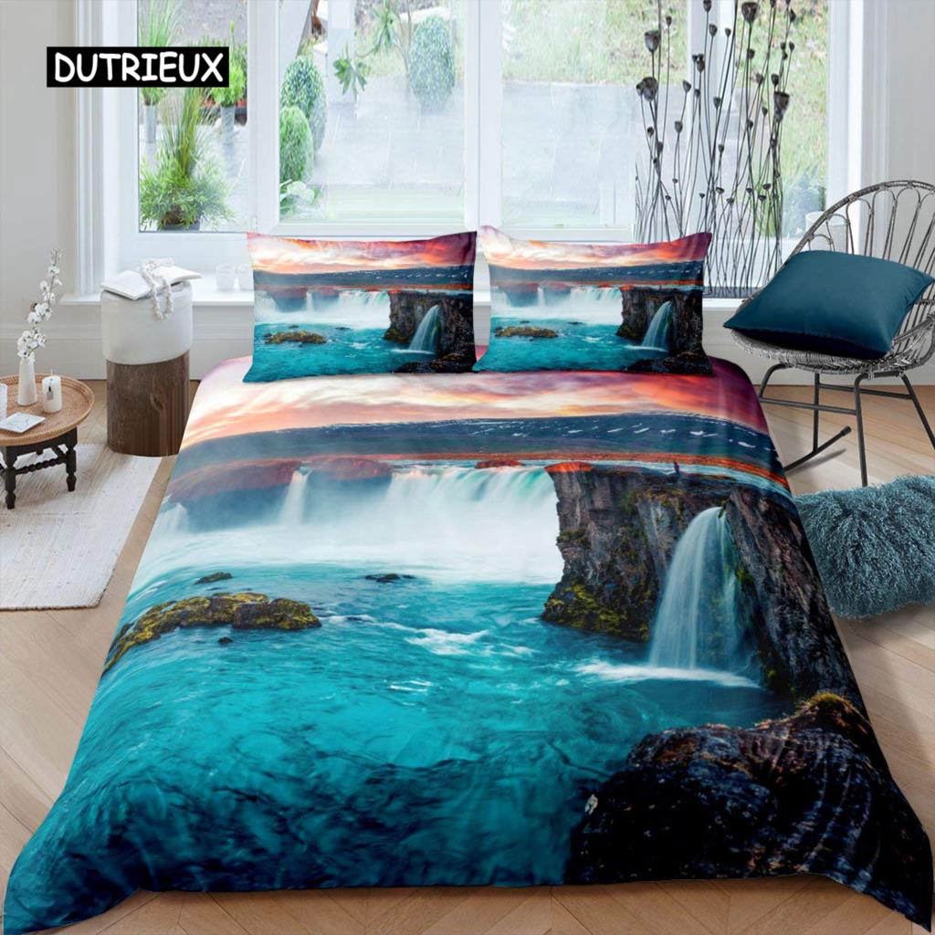 3D Waterfall Duvet Cover Set King Size Microfiber Botanical Floral Trees Pattern Bedding Set Purple Dream Theme Comforter Cover