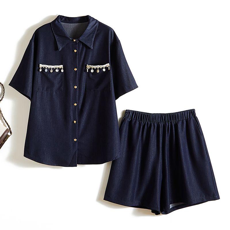 

Japanese Style Deduction Fashion Suit! Women s Amoi Lapel Long Single-Breasted Short Sleeve Beaded Shirt/T-shirt + Shorts Dark Blue XXL