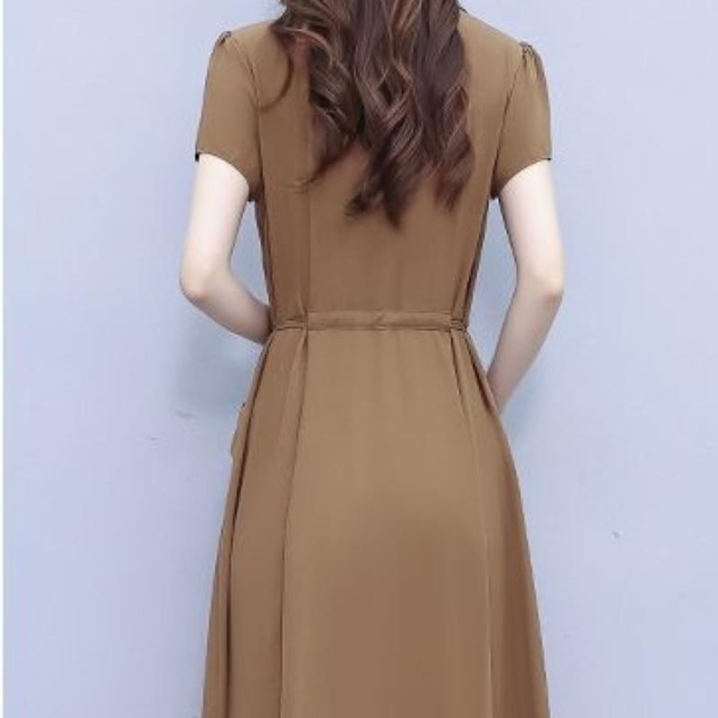 YYFS Damenmode Sommer Frühling Einfarbiger Druck Kurzarm POLO-Ausschnitt Hohe Taille Freizeitkleider