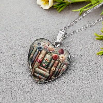 Flower Book Pattern Heart Pendant Necklace