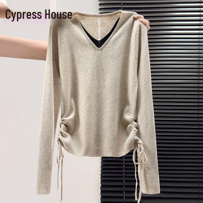 Women s V-Neck Color-Block Knitted Drawstring Top One Size