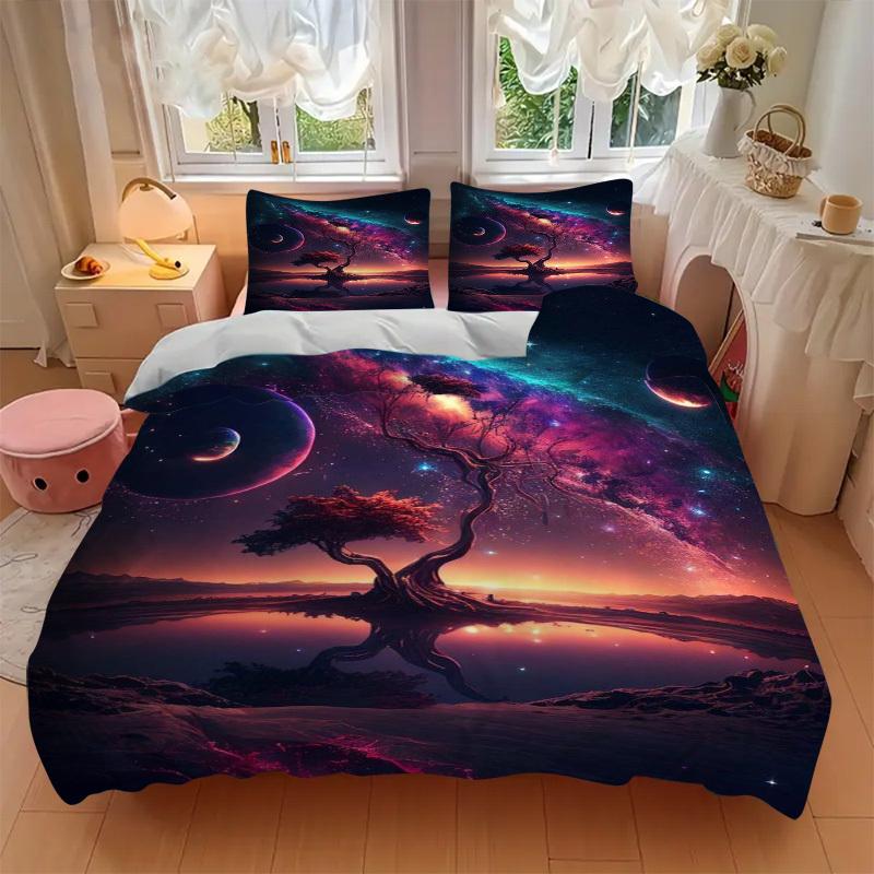 3pcs Fantasy Galaxy Tree Bedding Set - Includes One Quilt Cover and Two Pillowcases (No Core) - Home Decor, Festival Gift, Polyester Fabric,
