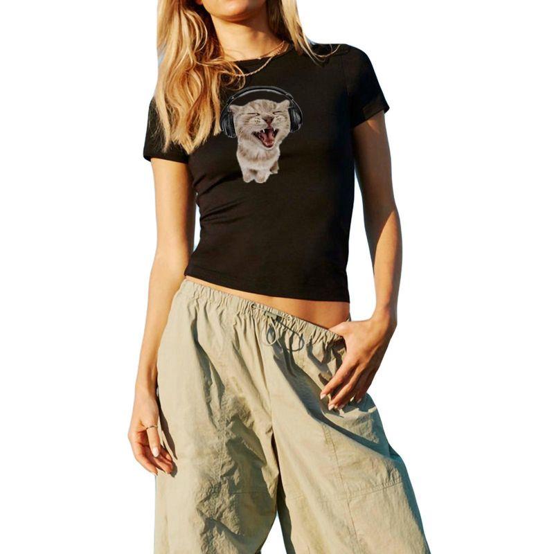 

Printed Short Sleeve Slim Fit T-shirt Top Print Short Sleeve Silm Tops Black M(M)