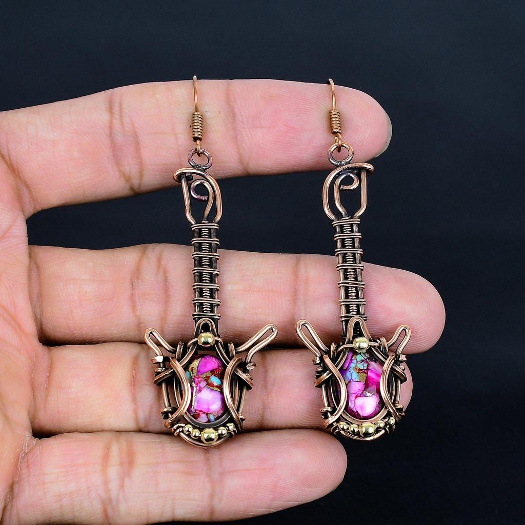 Pink Spiny Oyster 999 Copper Wire Wrapped Earrings, Handmade Gemstone Jewelry Earrings, For Memorial Day