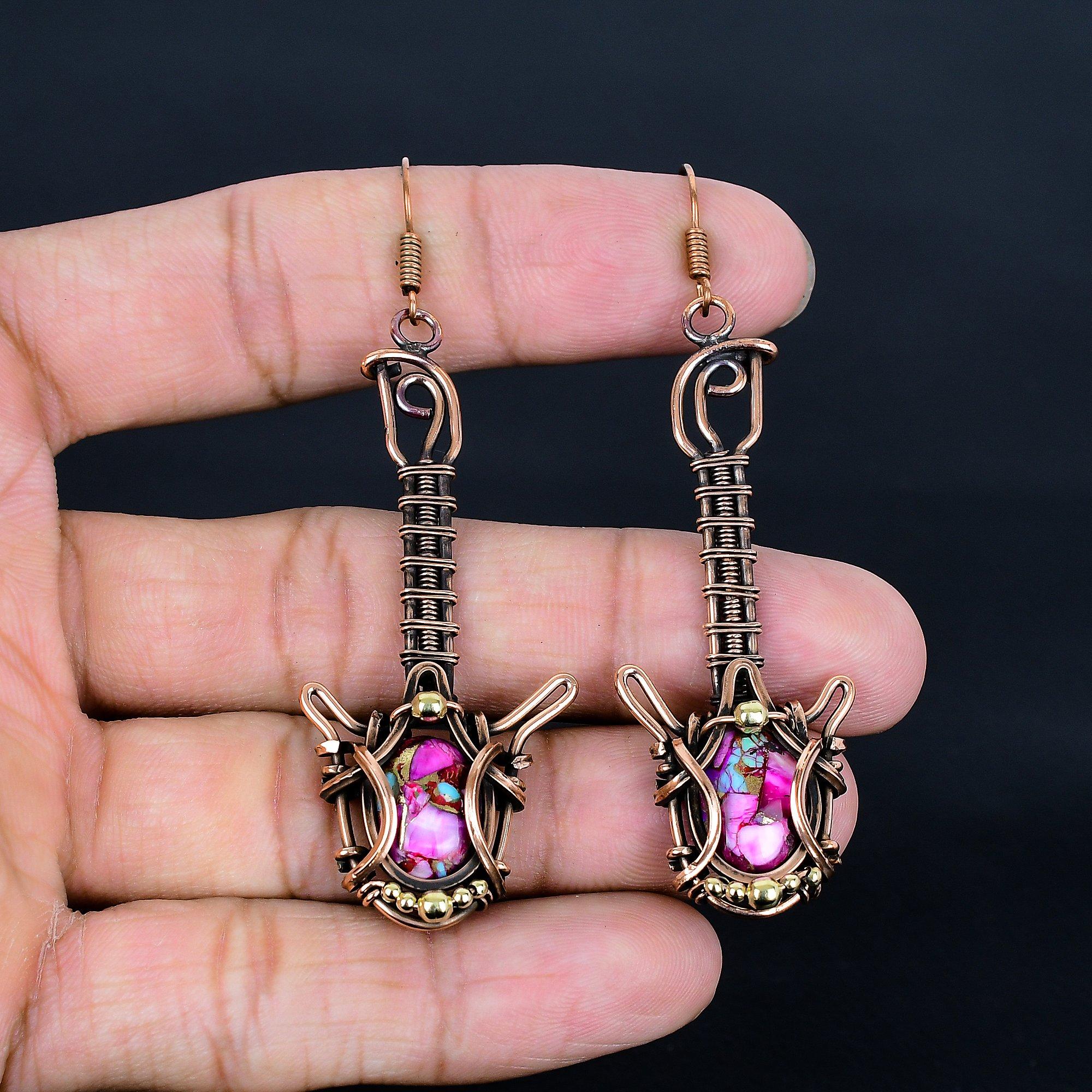 

Pink Spiny Oyster 999 Copper Wire Wrapped Earrings, Handmade Gemstone Jewelry Earrings, For Memorial Day 2.55 Inches