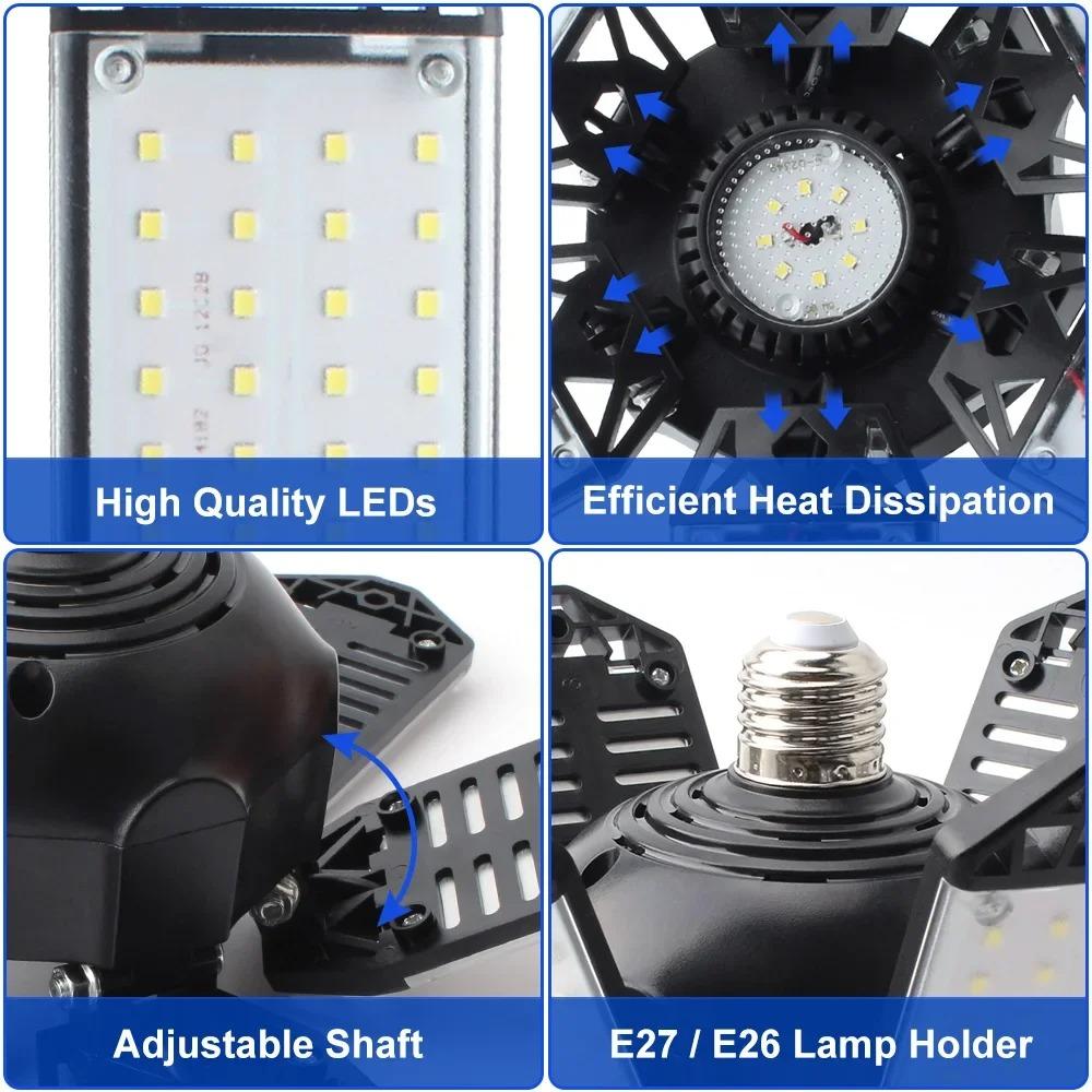 LED Garage Light with 5/8/10 Adjustable Panels Super Bright E27/E26 Ceiling Lighting Work Light for Basement Workshop Warehouse