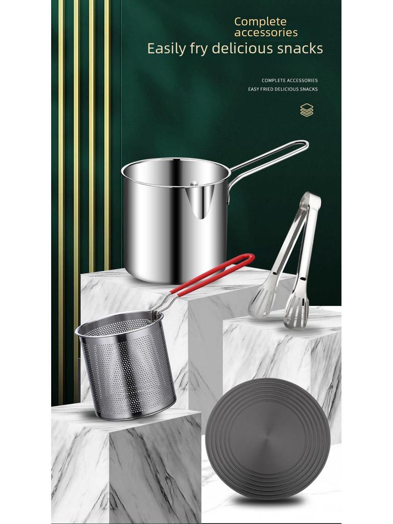 304 Stainless Steel Mini Deep Pot with Oil-Saving Filter for Gas Kitchen Frying Pan.
