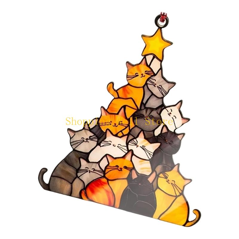 KX4B Cats Christmas Tree Suncatchers Stained Glass Window Hangings Colorful Glass Panel