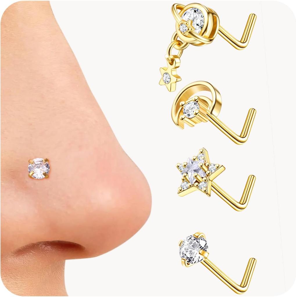 Bobisty Nose Rings Studs for Women Stainless Steel L Shaped Nose Studs Tiny Opal CZ Sunflower Bee Planet Nose Piercing Jewelry