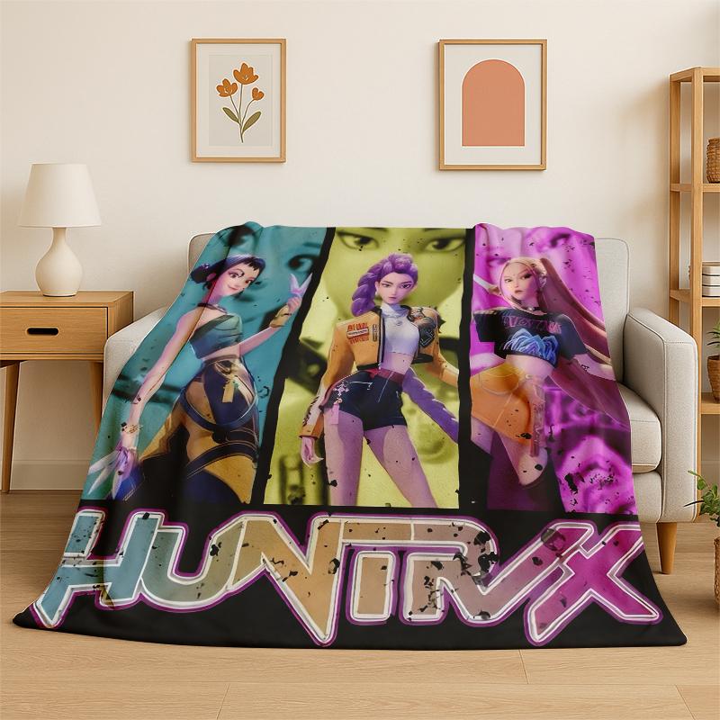Kpop Demon Hunter Rumi Mira Zoey Cartoon Group Flannel Blanket Soft Warm Throw Blanket for Bedroom Living Room Bed Travel Gift