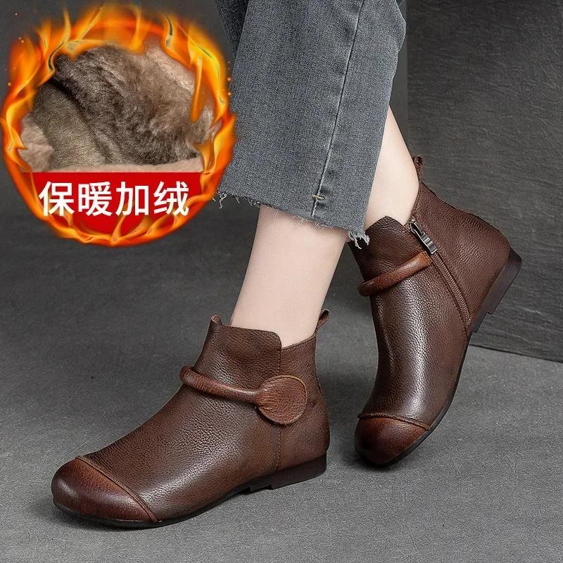Women's Leather Boot 2025 Autumn-winter New Plush Vintage Round Head Flat Side Zipper Casual Simple Women's Sneakers Women Shoes