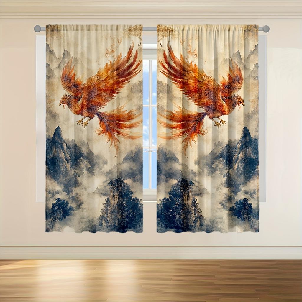 Set Of 2 Elegant Phoenix Print Curtains Traditional Chinese Ink Painting Style Warm Reds Goldens Delicate Curtain Room Darkening Made Polyester