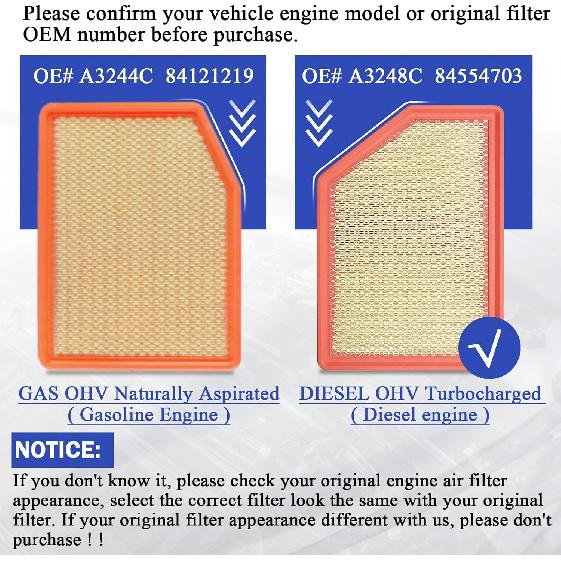 A3248C 84554703 Engine Air Filter For     Chevy Silverado GMC Sierra 2500 HD 3500 HD 6.6L (Diesel Engine ONLY)