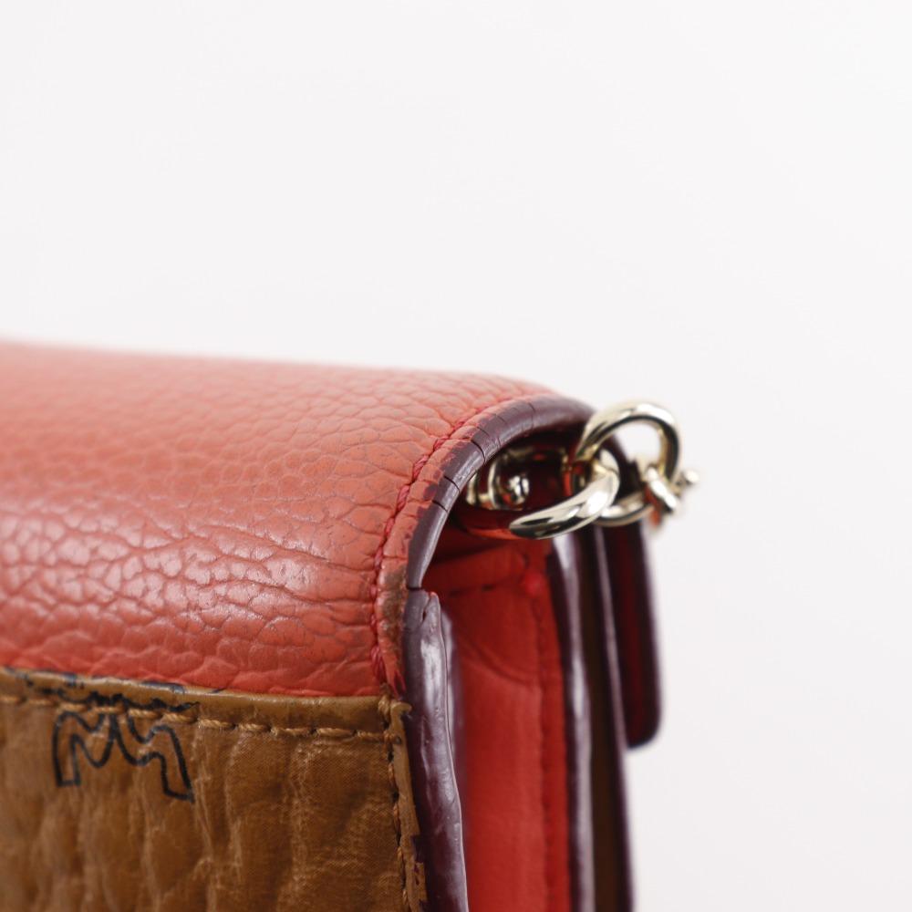 MCM Patricia Kette Brieftasche Colorblock Vicetos Braun / Rosa Leder/PVC Damen Gebraucht