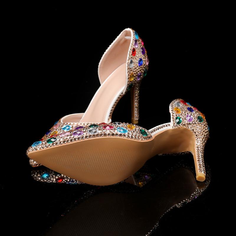 Fashion Bling Luxury Handmade Full Rhinestones Women Pumps Elegant Pointed Toe Colorful Crystal High Heels Fashion Party Bridal Shoes