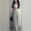 American Vintage Gray Casual Pants for Women Summer High Waist Drawstring Loose Drape Thin Wide Leg Pants
