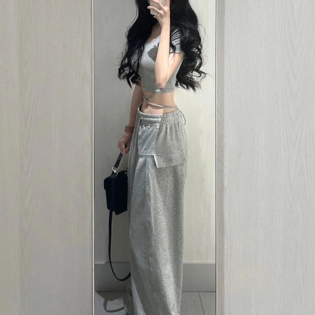 American Vintage Gray Casual Pants for Women Summer High Waist Drawstring Loose Drape Thin Wide Leg Pants