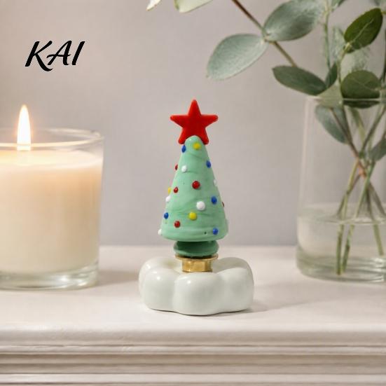 Handcrafted Holiday Table Decor Handmade Glass Christmas Tree Ornament with Star Top And Colorful Bead Details, Crystal Topper Desktop Rotating