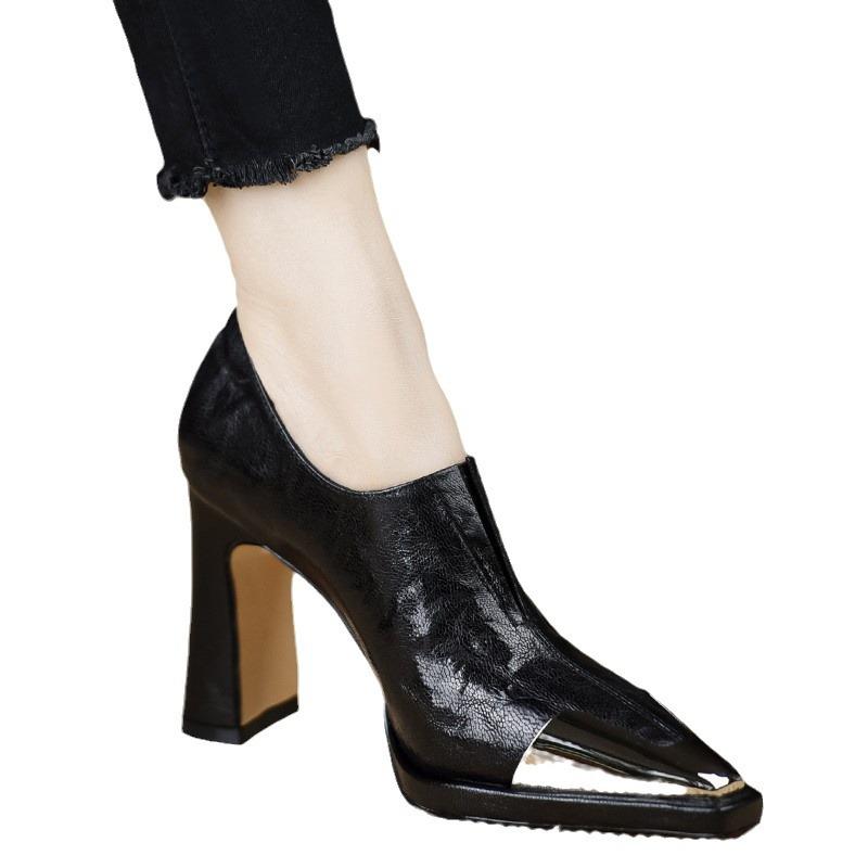 Pointed Deep Mouth Single Shoes Women's Shoes 2024 Autumn New European and American Style Cowhide Iron Bag Pointed Horseshoe Heel Two Wear Fashion Sho