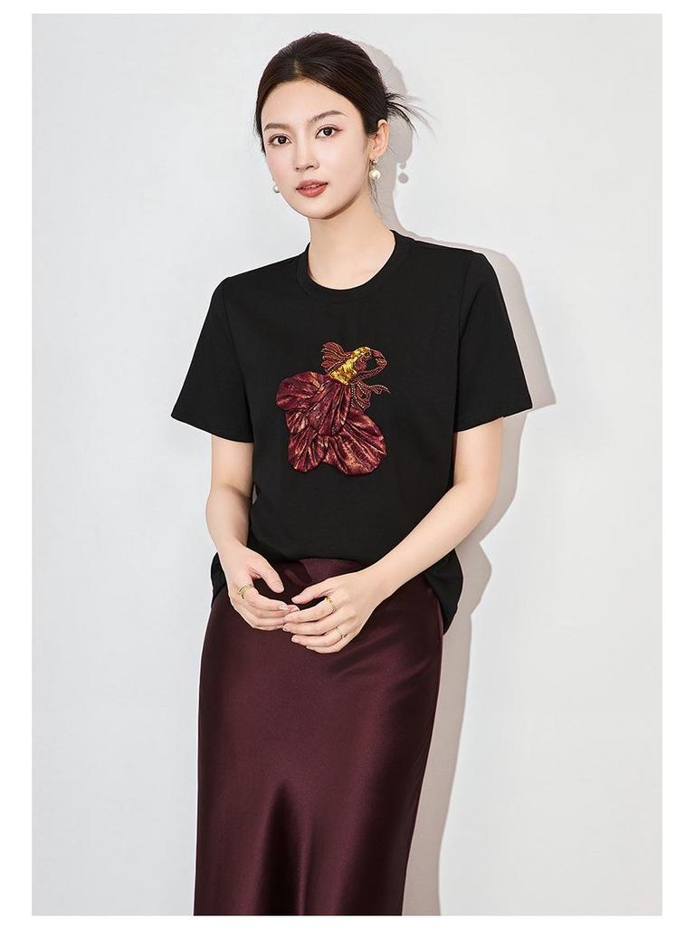 Three-Dimensional Goldfish Sequin Embroidery High Elastic Fashion Casual T-shirt