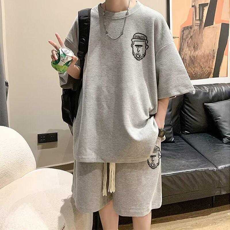 Summer 2024 Men's Hong Kong Style Waffle Sportswear: Trendy Short Sleeve T-Shirt & Shorts Set for Teens