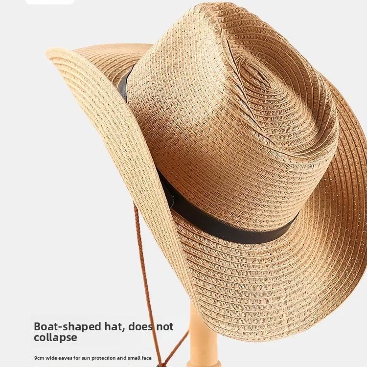 Straw Men's & Women's Adjustable Wide-Brim UV-Protective Cowboy Hat for Outdoor Hiking Summer