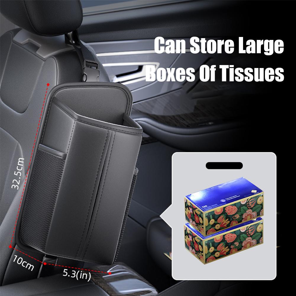 Multi-Functional Car Seat Side Organizer Bag –Leather Hanging Storage with Tissue Dispenser, Mesh Pockets for Phones & Pens