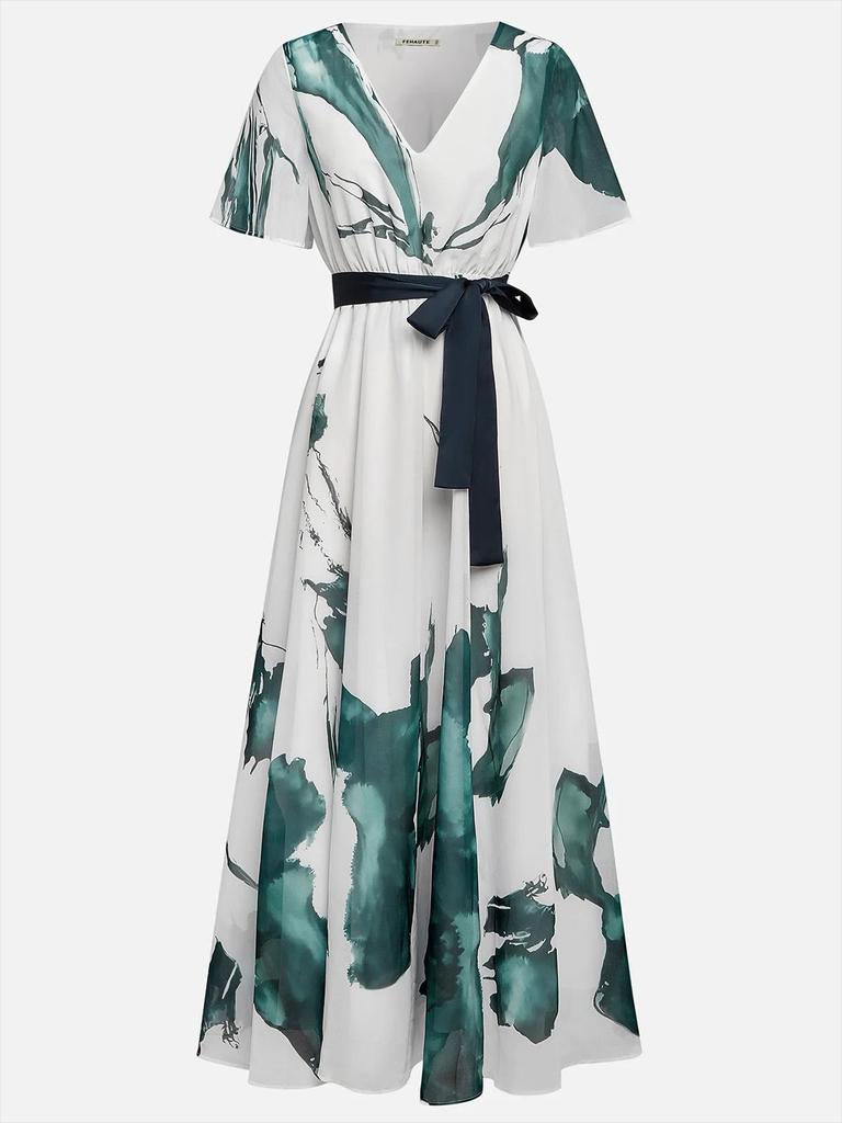 Damen Maxikleid mit V-Ausschnitt, Blumenmuster und Gürtel, Kurzarm, Blaugrünes Aquarellmuster, Elegante Freizeitkleidung