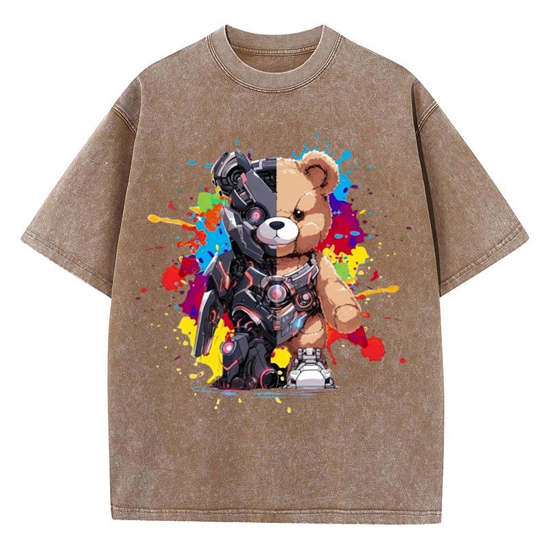 Womans Cotton Washed T-Shirts Fashion Loose O-Neck Tees Mech Warrior Bear Printing Short Sleeve Female Clothes