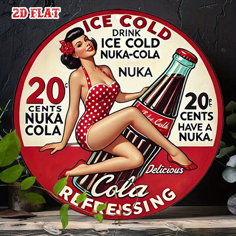 Vintage Style Ice Cold Cola Round Tin Sign Featuring Pin Up Girls Decorative Metal Wall Art for Home Bar Garage Decoration